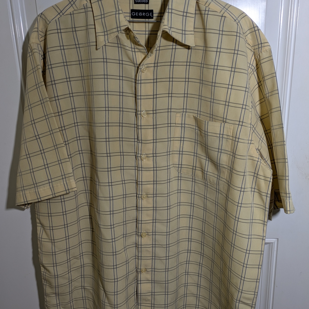 George Men's 2XL Short Sleeve Button-Up Shirt - Yellow Plaid Sueded